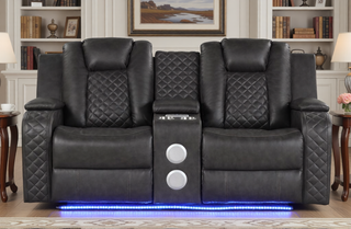 Sunvega Faux Leather Power Reclining Loveseat with LED Lighting and USB Ports
