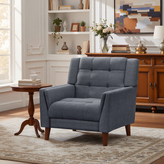 Sunvega Mid-Century Modern Armchair with Tufted Waffle Stitch and Tapered Brown Legs