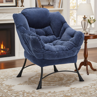 Sunvega Modern Lazy Chair with Ottoman and Armrests for Small Space Navy Blue