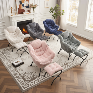 Sunvega Modern Lazy Chair with Ottoman and Armrests for Small Space Navy Blue