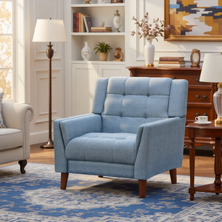 Sunvega Mid-Century Modern Armchair with Tufted Waffle Stitch and Tapered Brown Legs