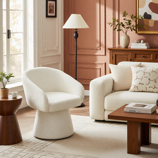 Sunvega Cream White Boucle Upholstered 360-Degree Swivel Accent Chair for Living Room