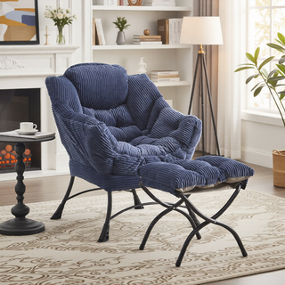 Sunvega Modern Lazy Chair with Ottoman and Armrests for Small Space Navy Blue