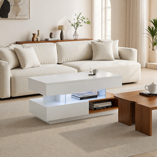 Sunvega Modern Lift Top Coffee Table with LED Lights 2 Drawers and Hidden Storage