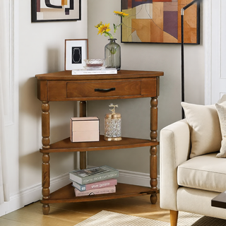 Sunvega Multifunctional 3 Tier Corner Table with Solid Wood Legs for Small Spaces