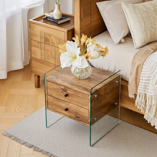 Sunvega MDF and Tempered Glass Double-Drawer Bedside Table with Storage Cabinet