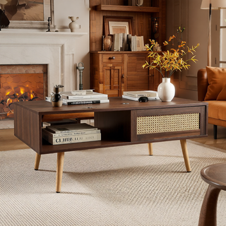 Sunvega Rattan Woven Coffee Table with Sliding Door Storage and Solid Wood Legs