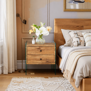 Sunvega MDF and Tempered Glass Double-Drawer Bedside Table with Storage Cabinet