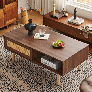 Sunvega Rattan Woven Coffee Table with Sliding Door Storage and Solid Wood Legs