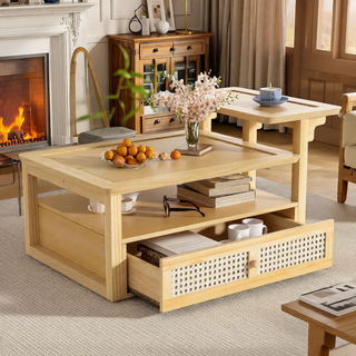 Sunvega Set of 2 Wood Finish Nesting Coffee Tables for Farmhouse Living Room