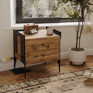 Sunvega MDF and Tempered Glass Double-Drawer Bedside Table with Storage Cabinet
