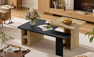 Sunvega Set of 2 Wood Finish Nesting Coffee Tables for Farmhouse Living Room