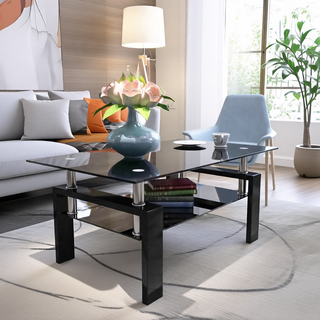 Sunvega Modern Clear Glass Coffee Table with Double Layer Storage for Living Room
