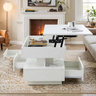 Sunvega Modern Lift Top Coffee Table with LED Lights 2 Drawers and Hidden Storage