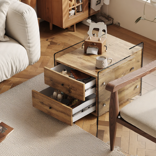 Sunvega MDF and Tempered Glass Double-Drawer Bedside Table with Storage Cabinet