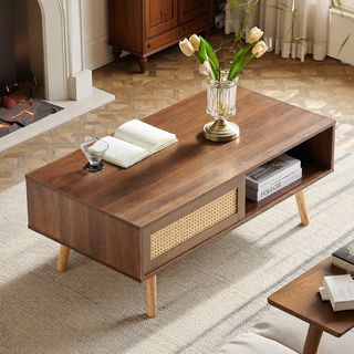 Sunvega Rattan Woven Coffee Table with Sliding Door Storage and Solid Wood Legs