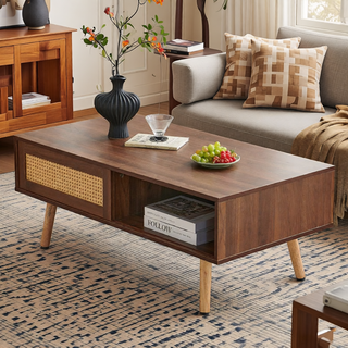 Sunvega Rattan Woven Coffee Table with Sliding Door Storage and Solid Wood Legs