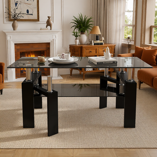 Sunvega Modern Clear Glass Coffee Table with Double Layer Storage for Living Room