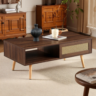 Sunvega Rattan Woven Coffee Table with Sliding Door Storage and Solid Wood Legs