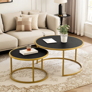 Sunvega Modern Faux Leather Round Nesting Coffee Table with Golden Metal Base Set of 2