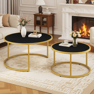 Sunvega Modern Faux Leather Round Nesting Coffee Table with Golden Metal Base Set of 2