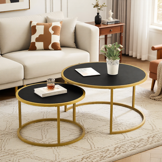Sunvega Modern Faux Leather Round Nesting Coffee Table with Golden Metal Base Set of 2