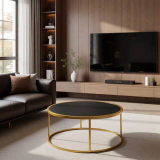 Sunvega Modern Faux Leather Round Nesting Coffee Table with Golden Metal Base Set of 2