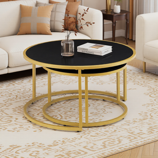 Sunvega Modern Faux Leather Round Nesting Coffee Table with Golden Metal Base Set of 2
