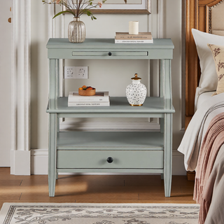 Sunvega Vintage Green Storage Nightstand with Drawer and Pull Out Tray