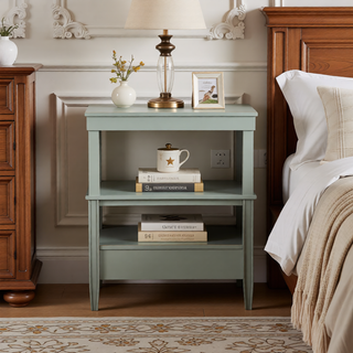 Sunvega Vintage Green Storage Nightstand with Drawer and Pull Out Tray