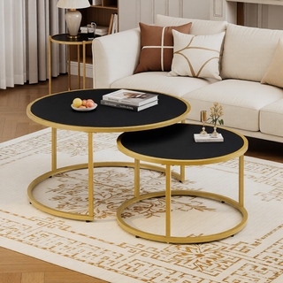 Sunvega Modern Faux Leather Round Nesting Coffee Table with Golden Metal Base Set of 2