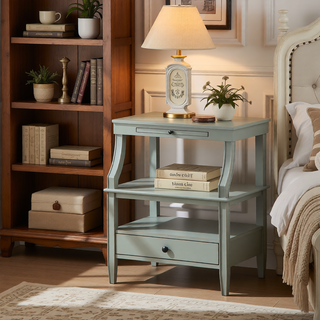 Sunvega Vintage Green Storage Nightstand with Drawer and Pull Out Tray