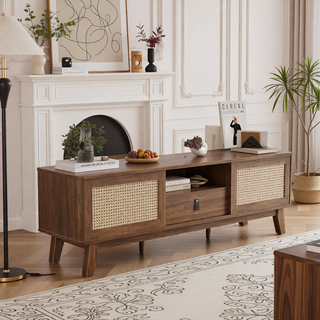 Sunvega Mid Century Modern Rattan TV Stand Media Console with Drawer and Cabinets