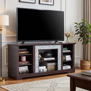 Sunvega Modern Faux Stacked Stone Mantel TV Media Stand with Open Storage