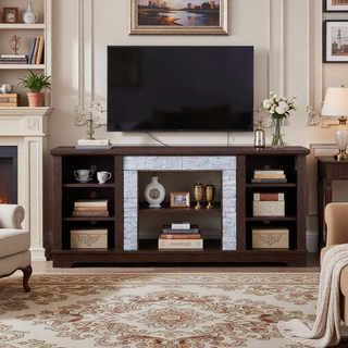 Sunvega Modern Faux Stacked Stone Mantel TV Media Stand with Open Storage