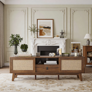 Sunvega Mid Century Modern Rattan TV Stand Media Console with Drawer and Cabinets