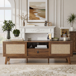 Sunvega Mid Century Modern Rattan TV Stand Media Console with Drawer and Cabinets
