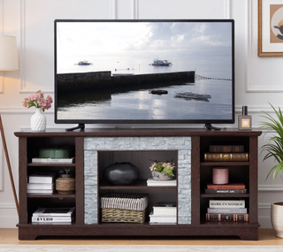 Sunvega Modern Faux Stacked Stone Mantel TV Media Stand with Open Storage