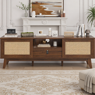 Sunvega Mid Century Modern Rattan TV Stand Media Console with Drawer and Cabinets
