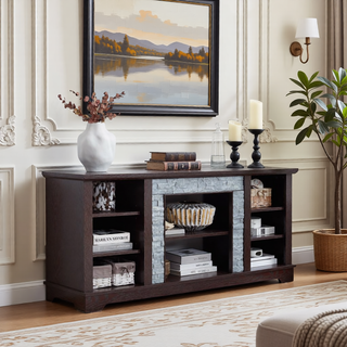 Sunvega Modern Faux Stacked Stone Mantel TV Media Stand with Open Storage