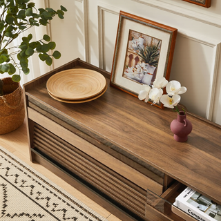 Sunvega Modern TV Stand with Four Tempered Glass Drawers and Built-in Charging Ports