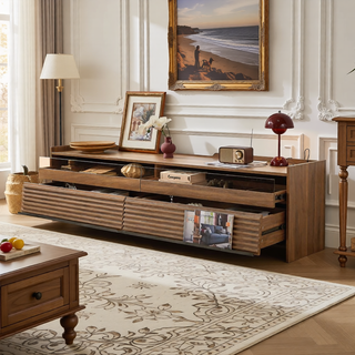 Sunvega Modern TV Stand with Four Tempered Glass Drawers and Built-in Charging Ports