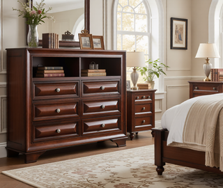 Sunvega Cappuccino Nightstand with Curved Drawer Fronts and Real Wood Veneers