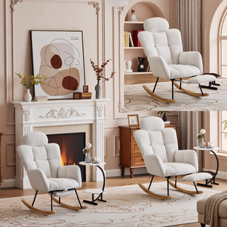 Sunvega Teddy Fabric Rocking Chair with Adjustable Footrest for Living Room