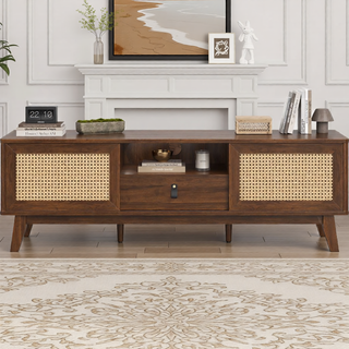 Sunvega Mid Century Modern Rattan TV Stand Media Console with Drawer and Cabinets