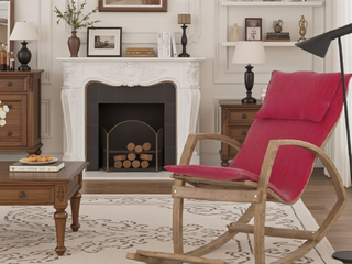 Sunvega Modern Rocking Chair With Wooden Frame And Plush Red Cushion For Living Room