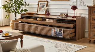 Sunvega Modern TV Stand with Four Tempered Glass Drawers and Built-in Charging Ports
