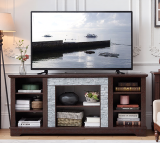 Sunvega Modern Faux Stacked Stone Mantel TV Media Stand with Open Storage