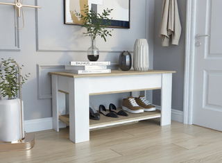 Sunvega Lift Top Storage Table with Metal Hinges in Light Oak and White Finish