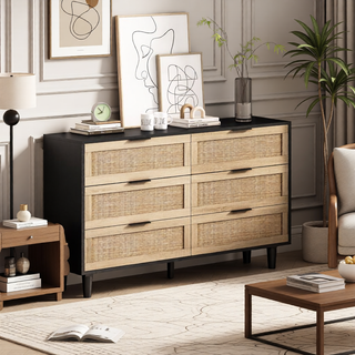 Sunvega Modern Natural Rattan 6 Drawer Dresser with Wood Legs for Bedroom Storage